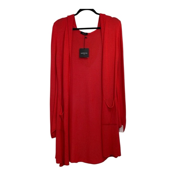 Natacha Paris Sweaters - NWT Natacha Paris Open Front Long Sleeve Bold Red Orange Knit Hooded Cardigan